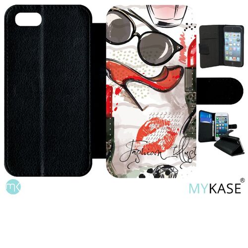 Etui A Rabat - Motif Girly Fond Blanc - Compatible Avec Apple Iphone Se 2020 - Simili-Cuir - Bord Noir