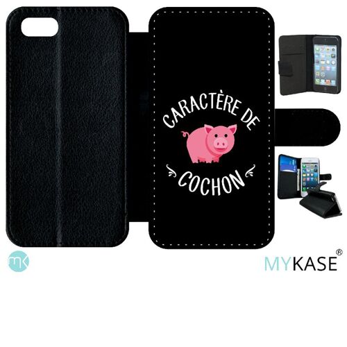 Etui A Rabat - Caractere De Cochon Fond Noir - Compatible Avec Apple Iphone Se 2020 - Simili-Cuir - Bord Noir
