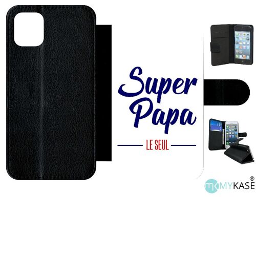 Etui A Rabat - Super Papa Le Seul Fond Blanc - Compatible Avec Apple Iphone 11 - Simili-Cuir - Bord Noir
