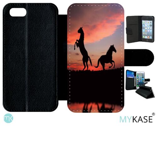 Etui A Rabat - Chevaux Coucher De Soleil - Compatible Avec Apple Iphone Se 2020 - Simili-Cuir - Bord Noir