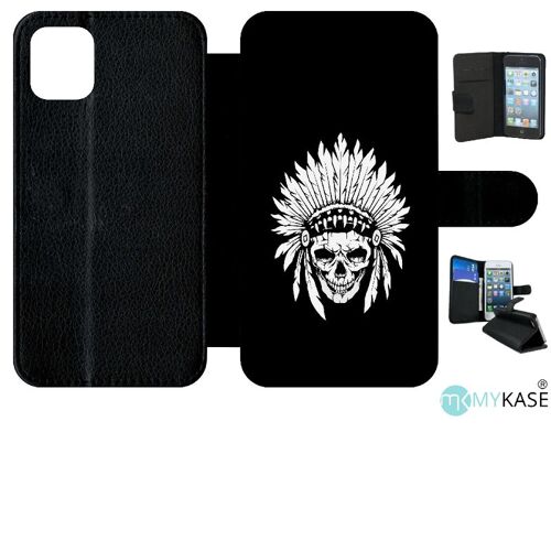 Etui A Rabat - Tete De Mort Coiffe Indienne Noir Et Blanc - Compatible Avec Apple Iphone 11 - Simili-Cuir - Bord Noir