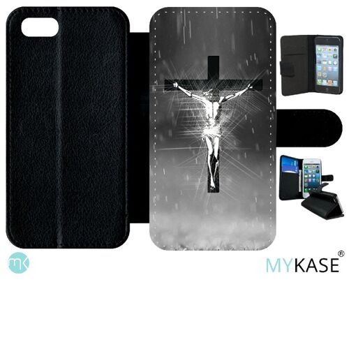 Etui A Rabat - Jésus Croix Noir Et Blanc - Compatible Avec Apple Iphone Se 2020 - Simili-Cuir - Bord Noir
