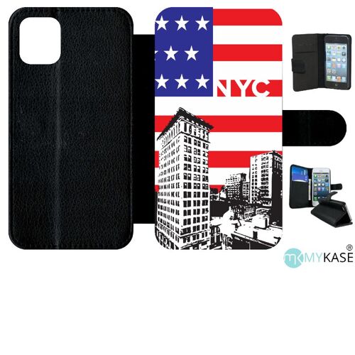 Etui A Rabat - New York City - Compatible Avec Apple Iphone 11 - Simili-Cuir - Bord Noir
