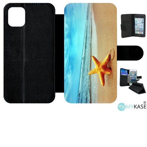 Etui A Rabat - Etoile De Mer Plage - Compatible Avec Apple Iphone 11 - Simili-Cuir - Bord Noir