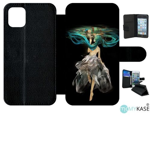 Etui A Rabat - Manga Fille Cheveux Bleu - Compatible Avec Apple Iphone 11 - Simili-Cuir - Bord Noir