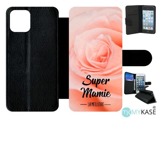 Etui A Rabat - Super Mamie La Meilleure Fond De Roses - Compatible Avec Apple Iphone 11 Pro - Simili-Cuir - Bord Noir