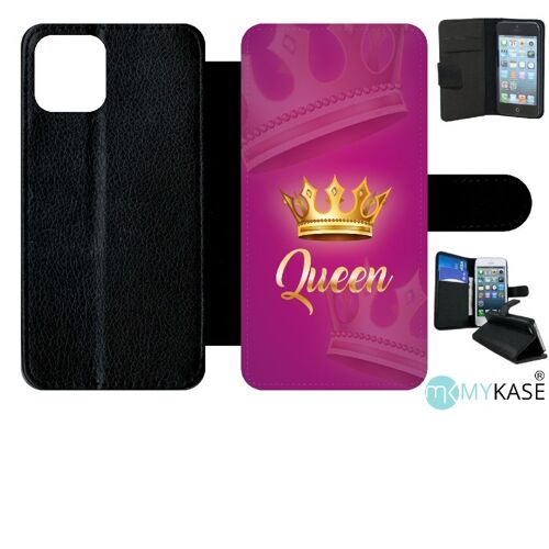 Etui A Rabat - Queen Fond Rose - Compatible Avec Apple Iphone 11 Pro - Simili-Cuir - Bord Noir