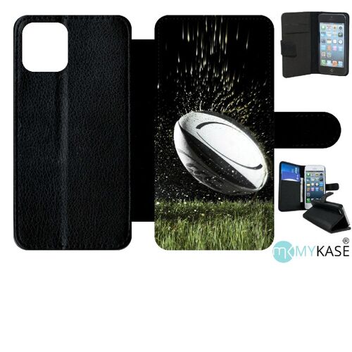 Etui A Rabat - Ballon De Rugby - Compatible Avec Apple Iphone 11 Pro - Simili-Cuir - Bord Noir