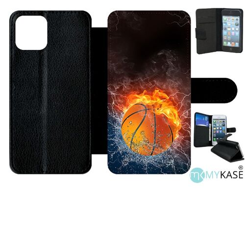 Etui A Rabat - Ballon De Basket Eau Et Feu - Compatible Avec Apple Iphone 11 Pro - Simili-Cuir - Bord Noir