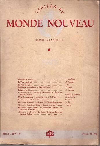 Cahiers Du Monde Nouveau, Vol. I, N° 1-2, 3e Trimestre 1945