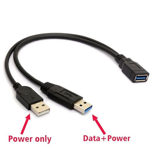 Câble d'extension USB 3.0/2.0 femelle vers double mâle avec puissance extra, rallonge de 20cm en Y avec transfert donnée et prise d'alimentation supplémentaire,