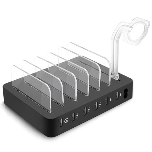 Station de chargement rapide multi ports, Station de chargeur de bureau USB 6 Ports, adaptateur secteur pour tous les téléphones, tablettes, montres, etc. Black