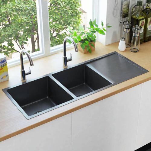 vidaXL ¿¿vier de cuisine fait ¿¿ la main Noir Acier inoxydable