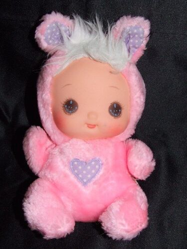 Lapin Poupée Doudou Peluche Rose Mauve Coeur À Pois Tête Plastique 20 Cms