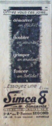 Publicite Ancienne (20 Juillet 1938) Pour La " Simca 8 ", Simcavite.