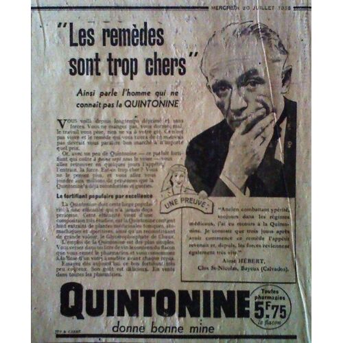 Publicite Ancienne (29 Juillet 1938) Pour La Boisson Energisante " Quintonine " Vendue En Pharmacie
