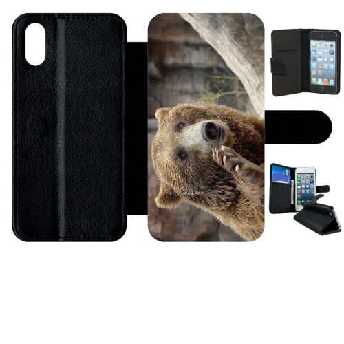 Etui À Rabat Iphone X - Gros Ours Brun - Simili-Cuir - Noir