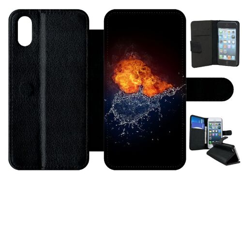 Etui À Rabat Iphone X - Duo De Coeurs Eau Et Flamme - Simili-Cuir - Noir