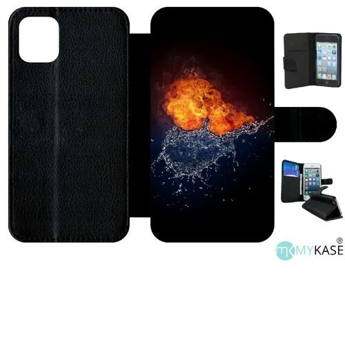 Etui À Rabat Iphone 11 - Duo De Coeurs Eau Et Flamme - Simili-Cuir - Noir