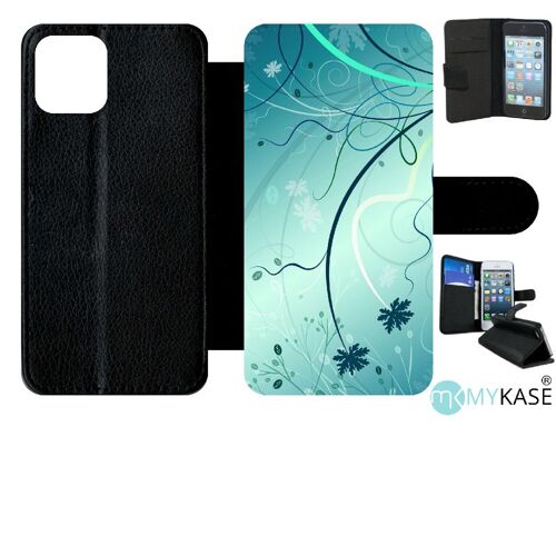 Etui À Rabat Iphone 11 Pro - Abstrait Turquoise Fleur - Simili-Cuir - Noir