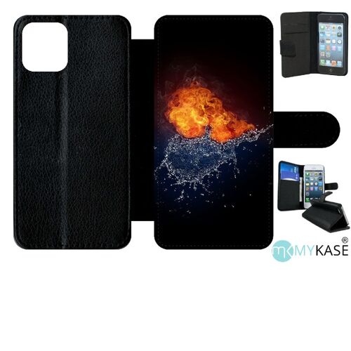 Etui À Rabat Iphone 11 Pro - Duo De Coeurs Eau Et Flamme - Simili-Cuir - Noir