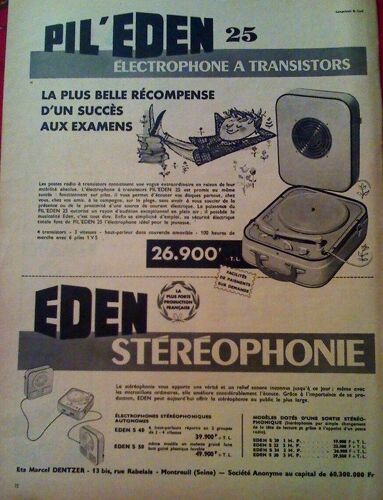 Publicite Ancienne (Juin 1959) Pour L'electrophone A Transistor " Pil ' Eden " De La Societe " Eden "