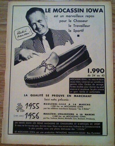 Publicite Ancienne (Avril 1956) Pour Les Mocassins " Iowa " Et Ses Celebres Marcheurs (Mauleon - Lille : 1200 Km, Mauleon - Strasbourg : 2500 Km)