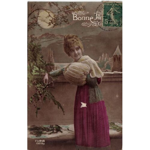 Carte Postale Ancienne, France, Voeux, Bonne Année, Femme, Fleurs, Sapin, Neige - Oblitération Du 31/12/1917
