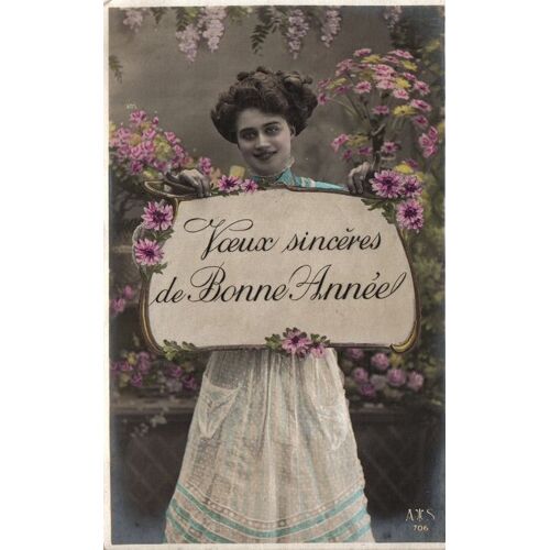 Carte Postale Ancienne, France, Voeux, Bonne Année, Femme, Fleurs - Oblitération Du 01/01/1909