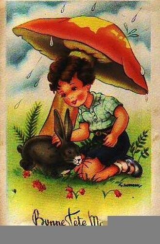Enfant Sous Un Champignon Caressant Un Lapin Illustration De I Gougeon