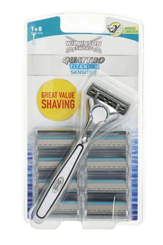 Wilkinson Sword Quattro Titanium Handle And 9 Blades Total Great Value Shaving 