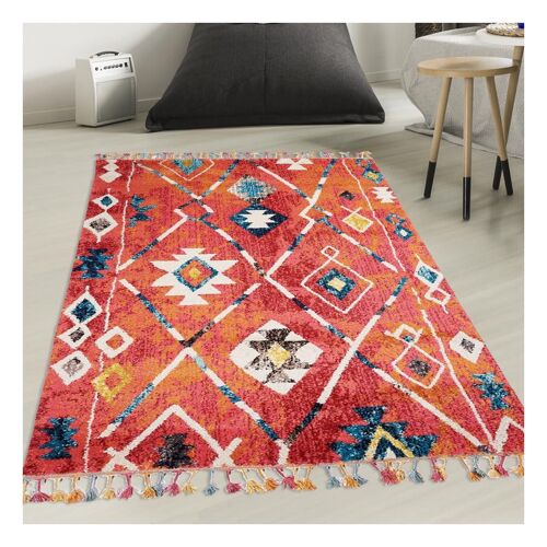 Tapis Berbère Rond Ø160cm Tissé Motifs Tribaux Lyn5 Ourika Bleu Et Jaune