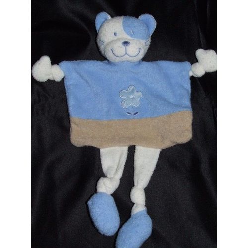 Chat Doudou Plat Pommette Ours Blanc Bleu Beige Fleur Peluche
