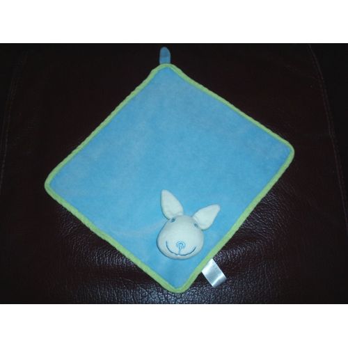 Doudou Plat Bleu Tete Lapin Blanc Vert Baudet