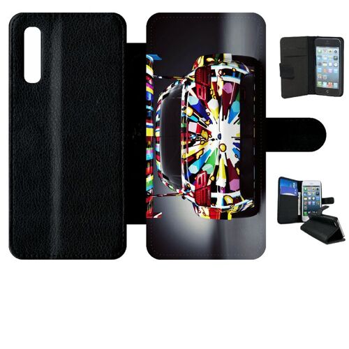 Etui A Rabat - Voiture Art Coloré - Compatible Avec Samsung Galaxy A50 - Simili-Cuir - Bord Noir