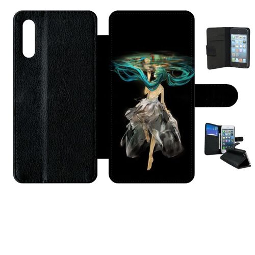 Etui A Rabat - Manga Fille Cheveux Bleu - Compatible Avec Samsung Galaxy A70s - Simili-Cuir - Bord Noir