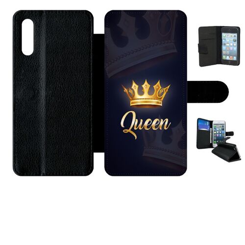 Etui A Rabat - Queen Fond Noir - Compatible Avec Samsung Galaxy A70 - Simili-Cuir - Bord Noir