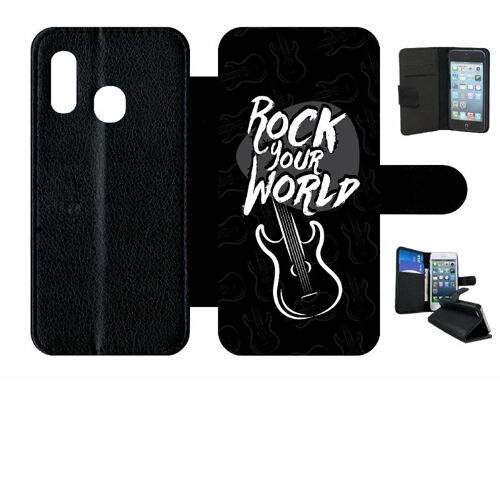 Etui A Rabat - Rock Your World Fond Noir - Compatible Avec Samsung Galaxy A20e - Simili-Cuir - Bord Noir