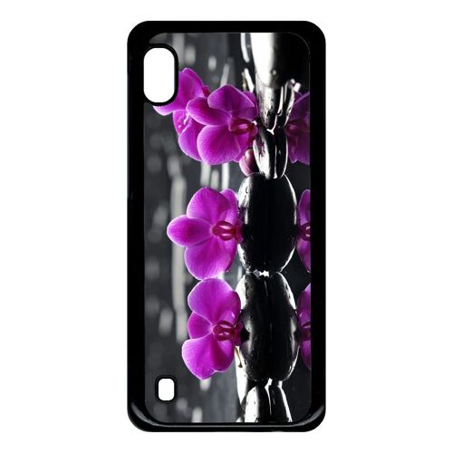 Coque Pour Smartphone - Orchide Violette Fond Gris - Compatible Avec Samsung Galaxy A10 - Plastique - Bord Noir