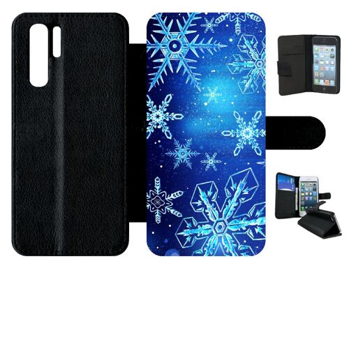 Etui A Rabat - Flocon De Neige Fond Bleu Nuit - Compatible Avec Huawei P30 Pro - Simili-Cuir - Bord Noir