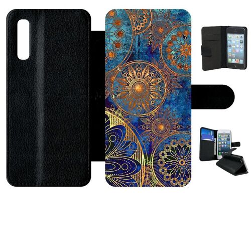 Etui A Rabat - Ornements Or Et Bleu Nuit - Compatible Avec Samsung Galaxy A50 - Simili-Cuir - Bord Noir