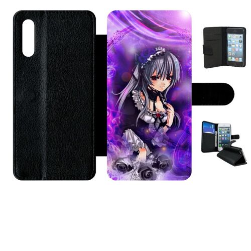 Etui A Rabat - Manga Fille Violet - Compatible Avec Samsung Galaxy A70 - Simili-Cuir - Bord Noir
