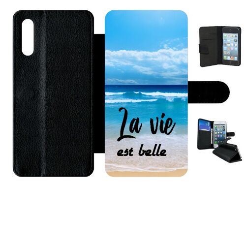 Etui A Rabat - La Vie Est Belle Fond Mer - Compatible Avec Samsung Galaxy A70 - Simili-Cuir - Bord Noir