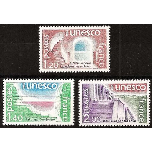 France 1980, Très Beaux Exemplaires Timbres De Service De L'unesco Neufs** Luxe, Yvert 60 Maison Des Esclaves, Gorée, Sénégal, 61 Moenjodaro, Pakistan Et 62 Palais De Sans Souci À Haïti.