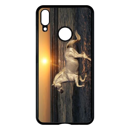 Coque huawei y7 pro 2019 - cheval blanc couché de soleil sur la plage - noir