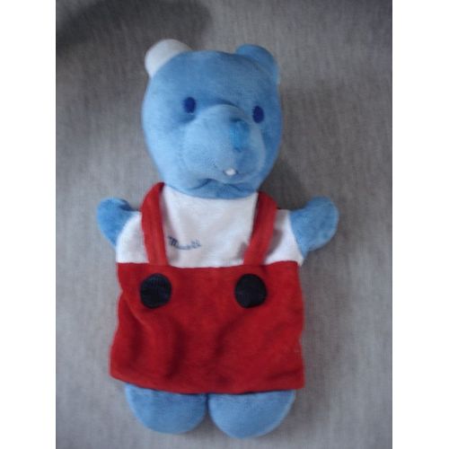 Doudou Marionnette Ours Avec Salopette Bleu Marine Musti Mustela