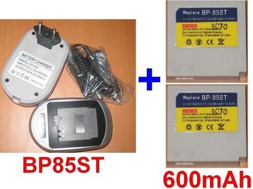 Chargeur + 2 Batteries pour Samsung IA-BP85ST, VP-MX10 VP-MX10A VP-HMX10C VP-MX10AU SC-HMX20 VP-MX10AH SC-MX10R VP-MX10AU SC-MX10A SC-MX10P VP-MX10A SC-MX10 **600mAh**