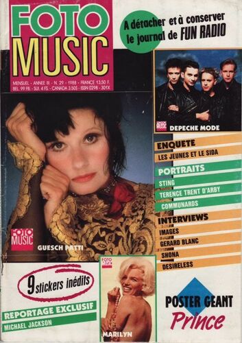 Foto Music 08-1988  N° 29 : Michael Jackson (5p) Guesch Patti (3p) Sting (5p) The Clash (4p) Eight Wonder (3p) Prince (Poster Geant) Depeche Mode (3p) Frederic Chateau (1p) Marilyn Monroe (3p Dani (1p