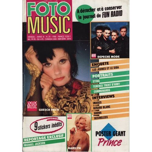 Foto Music 08-1988  N° 29 : Michael Jackson (5p) Guesch Patti (3p) Sting (5p) The Clash (4p) Eight Wonder (3p) Prince (Poster Geant) Depeche Mode (3p) Frederic Chateau (1p) Marilyn Monroe (3p Dani (1p