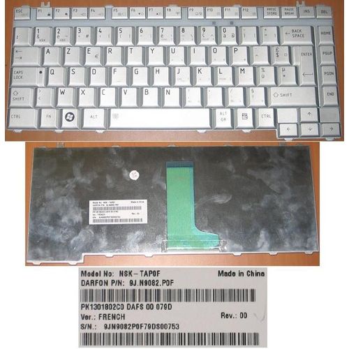 Clavier AZERTY BELGE pour Toshiba Satellite A200 A205 A210 A215 M200 M202 M203 M205 M206 Series, Model: NSK-TAP0F, P/N: 9J.N9082.P0F PK1301802C0, Gris / Silver